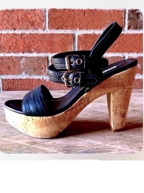 MIU MIU Italy Black Nappa Leather Double Strap Slingback Platform Sandals 7